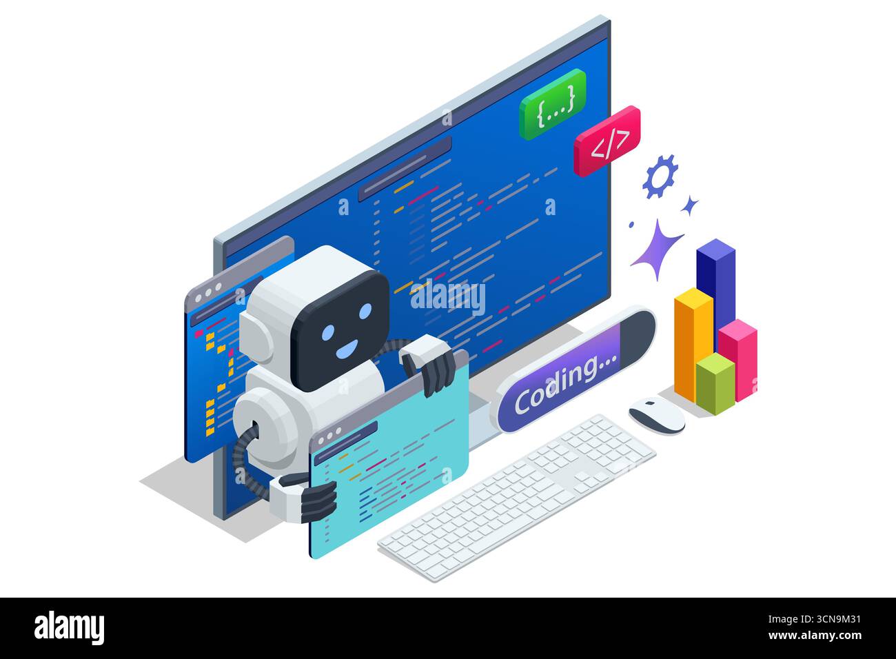 Isometric concept of AI coding assistant helping programmer write and optimize code. Artificial intelligence in software development. Creation digital Stock Vector