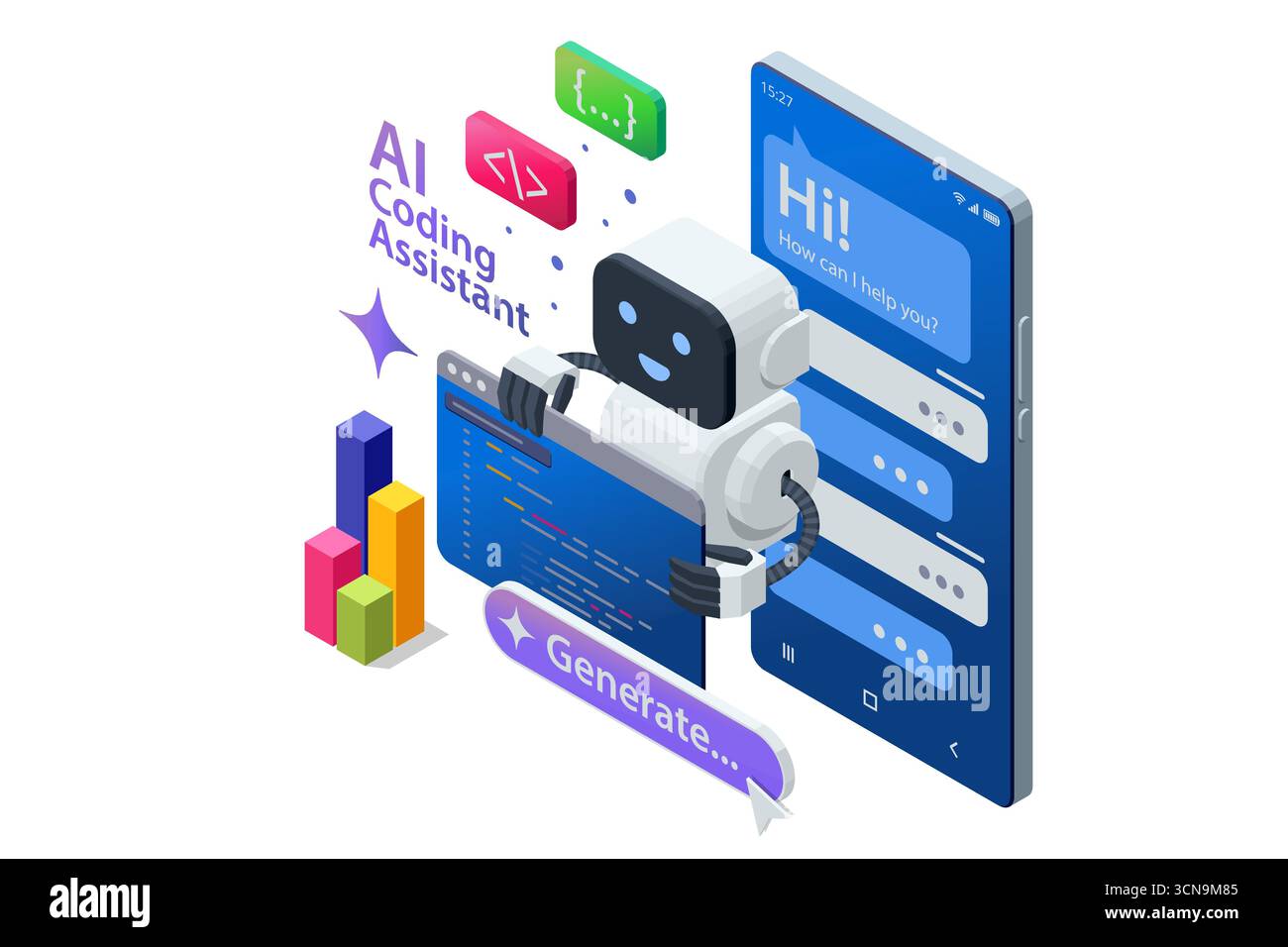 Isometric concept of AI coding assistant helping programmer write and optimize code. Artificial intelligence in software development. Programming and Stock Vector