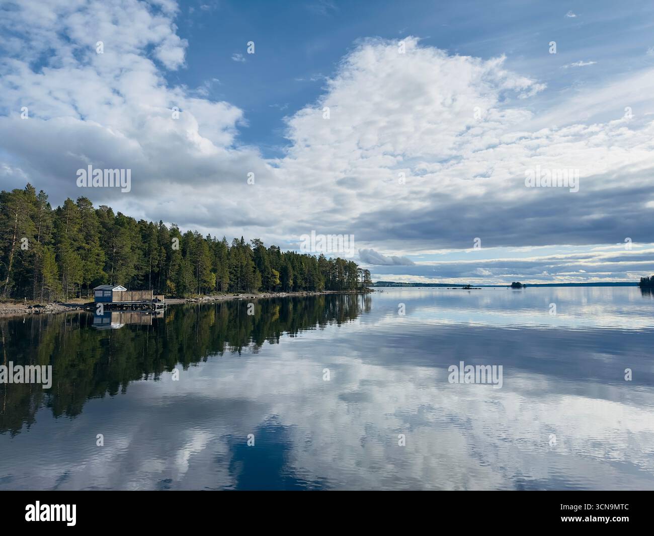 Scenic view of a tranquil lake reflecting the cloudy sky and lush forest. - Smartphone Captured Stock Image
