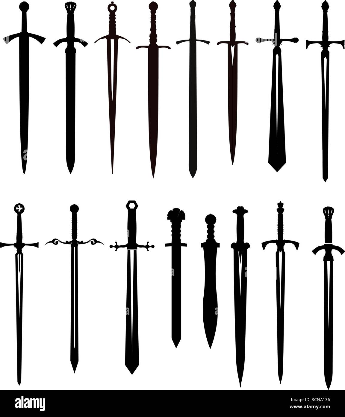 Swords silhouettes set, vector illustration of medieval weapons ...