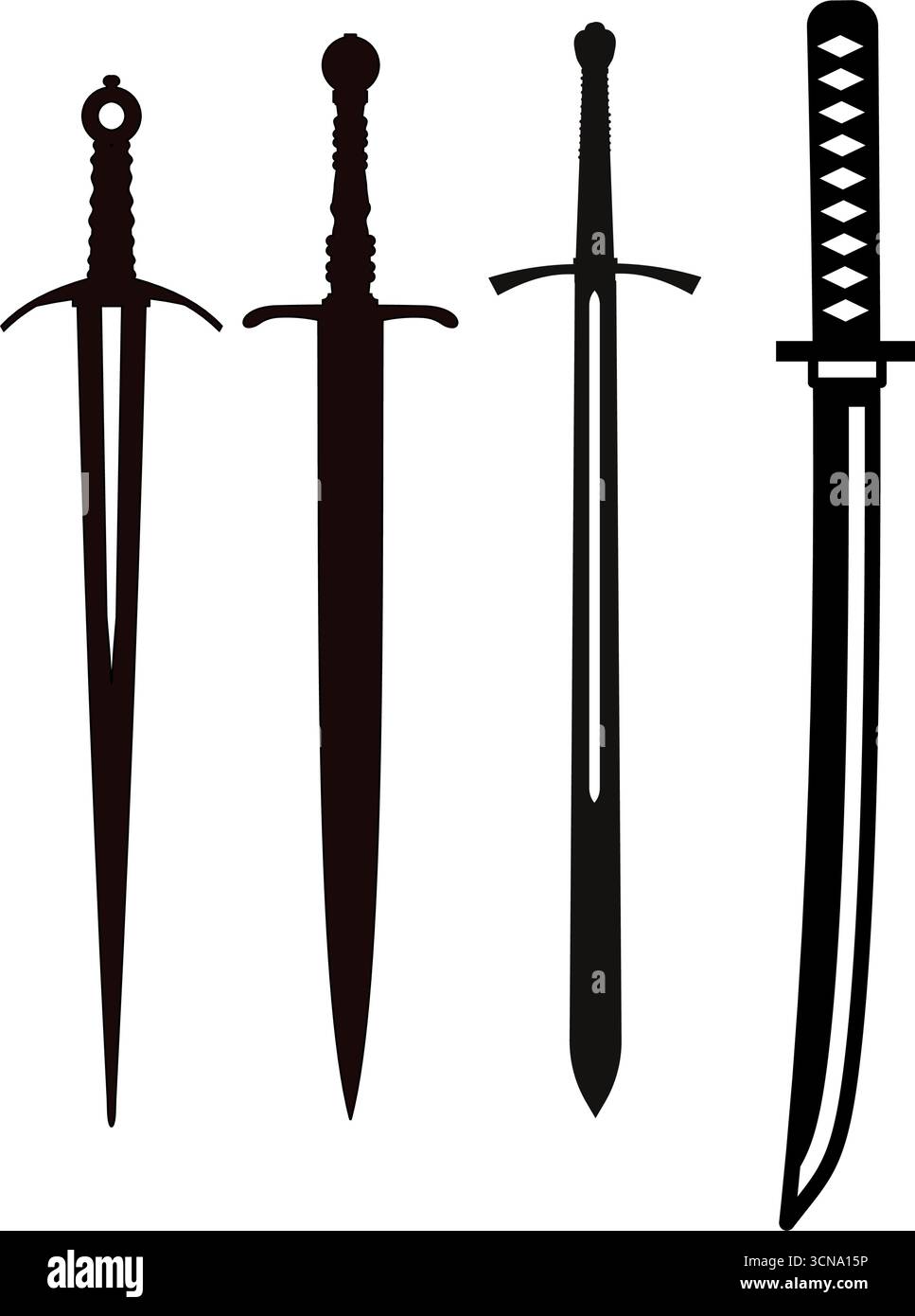 Swords silhouettes set, vector illustration of medieval weapons ...