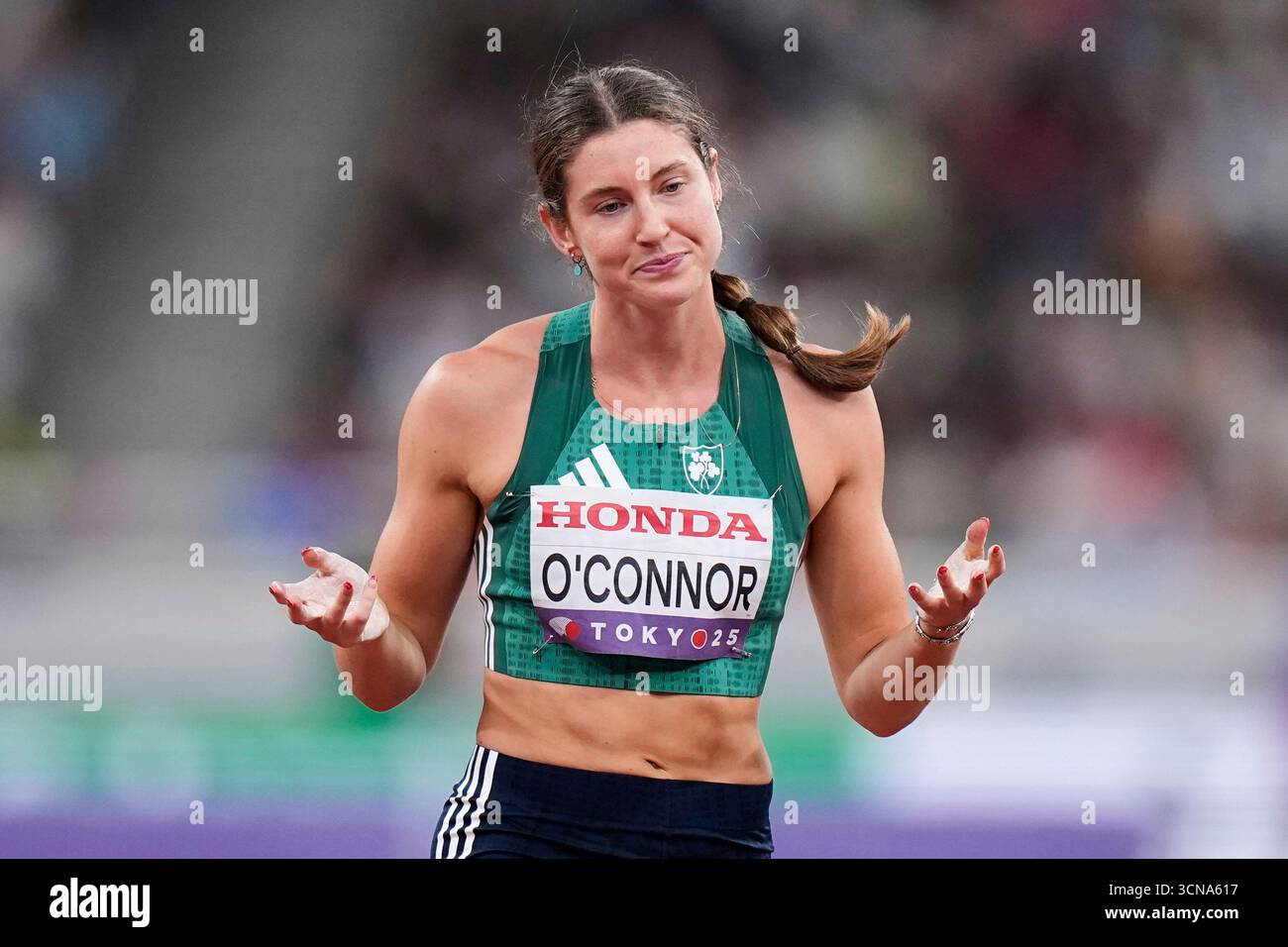 Ireland's Kate O'Connor reacts as she competes in the the heptathlon ...