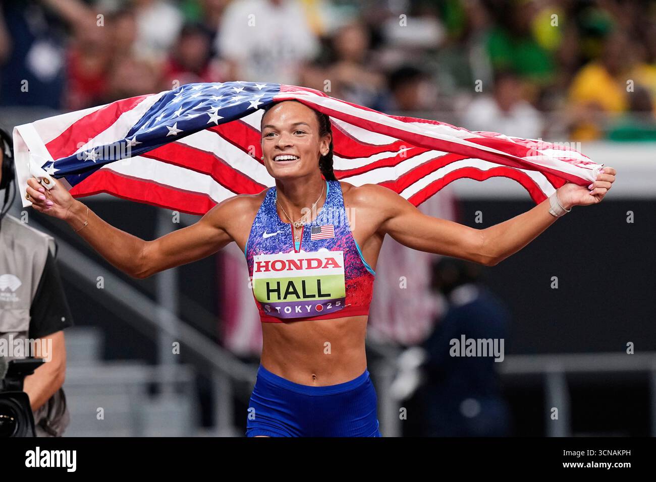 United States' Anna Hall reacts after winning the heptathlon 800 meters ...