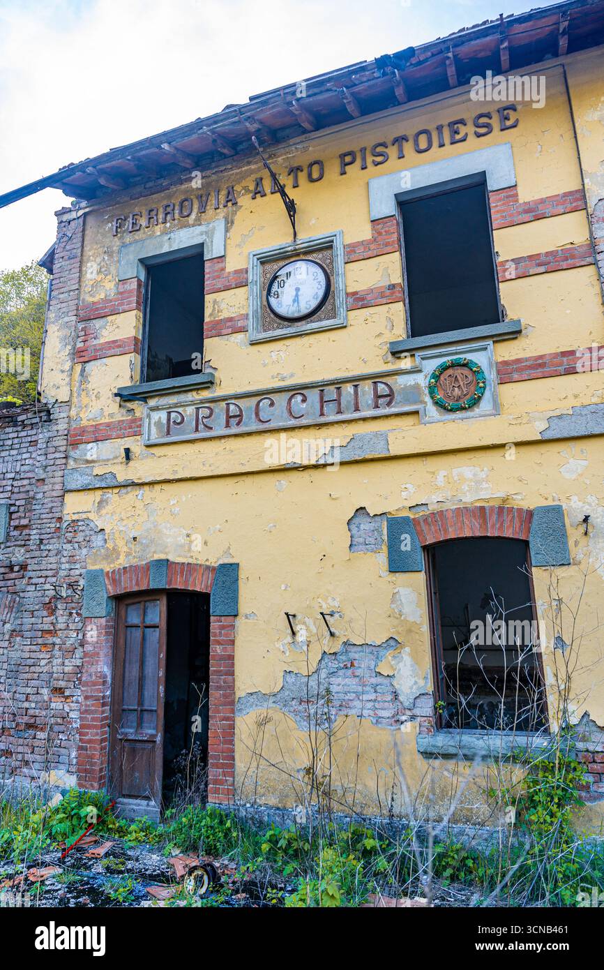 Abandoned Pracchia train station of Ferrovia Alto Pistoiese on Bologna Pistoia line, closed in 1965 and now in decay, in Pracchia, Tuscany, Italy Stock Photo