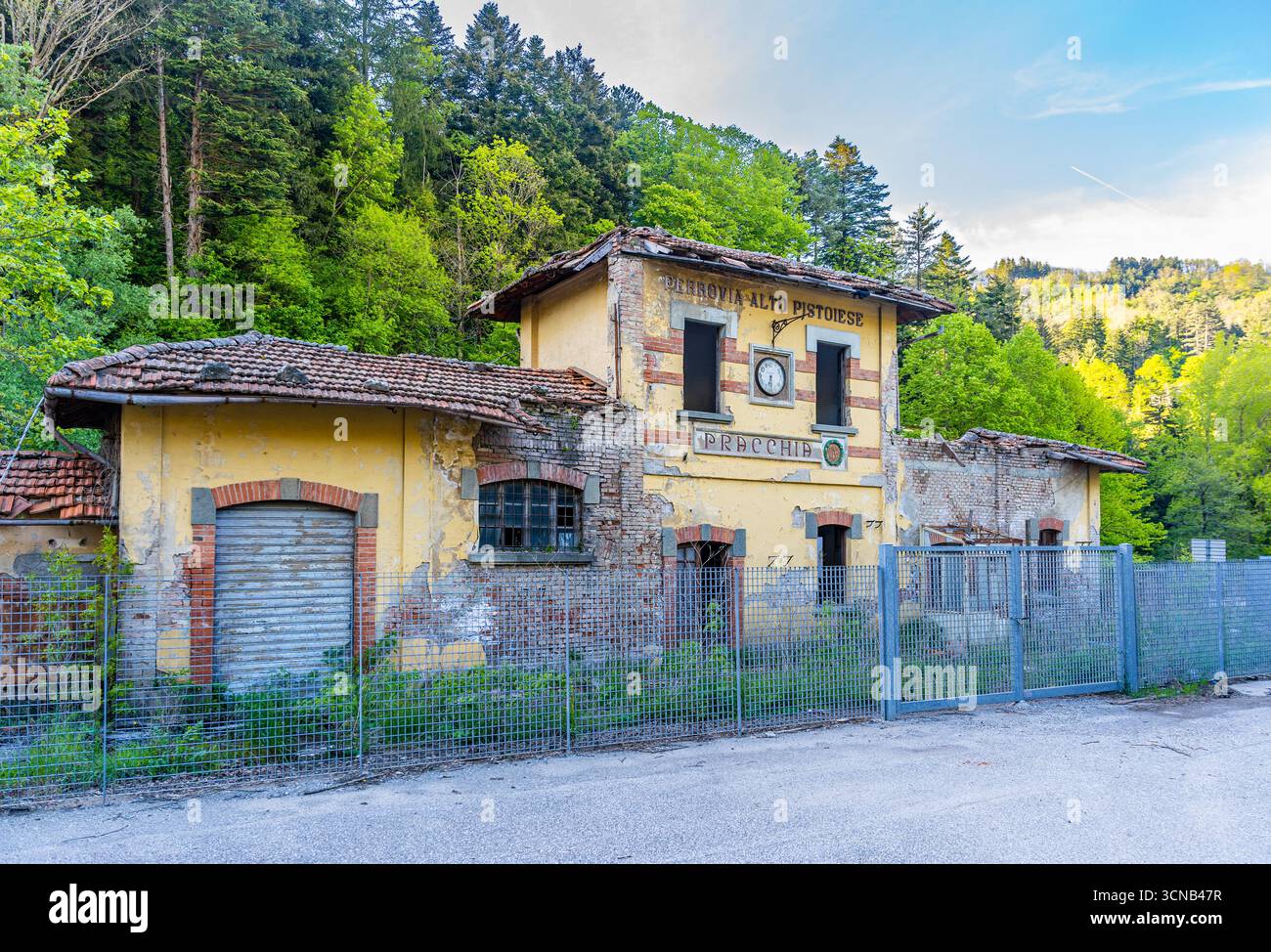 Abandoned Pracchia train station of Ferrovia Alto Pistoiese on Bologna Pistoia line, closed in 1965 and now in decay, in Pracchia, Tuscany, Italy Stock Photo