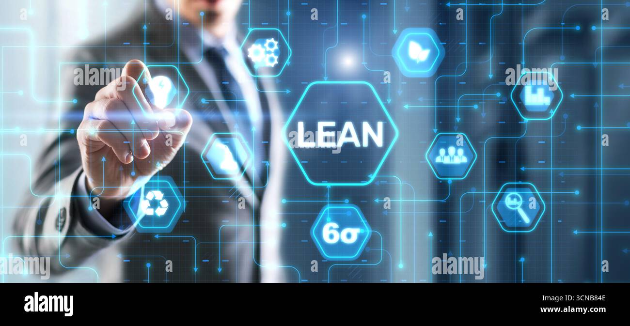 Lean manufacturing. Quality and standardization. Icon on Virtual screen. Stock Photo