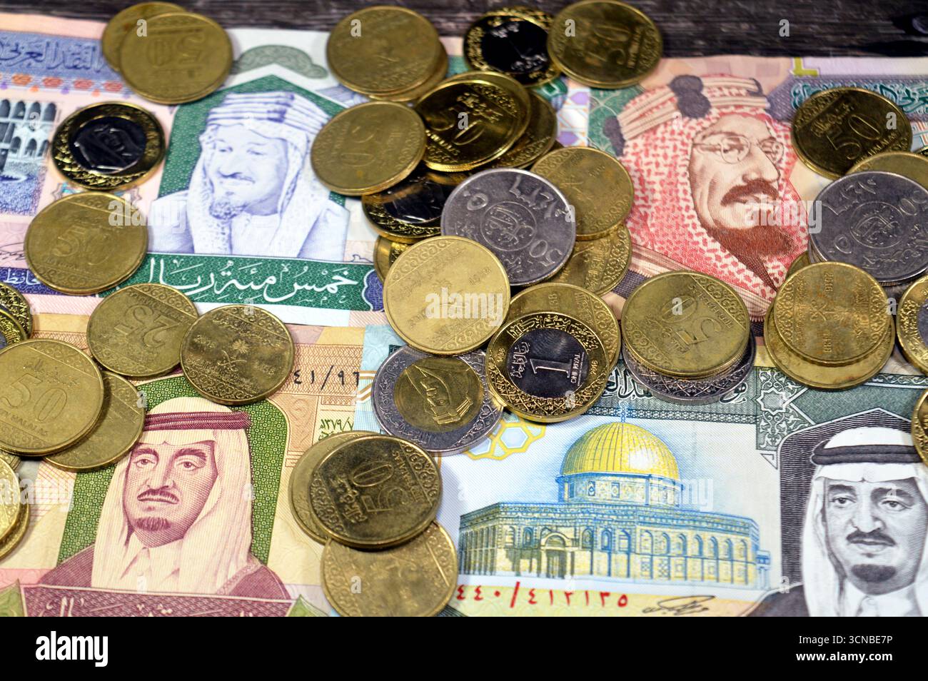 Saudi Arabian riyals SAR coins and banknotes cash money bills, of ...