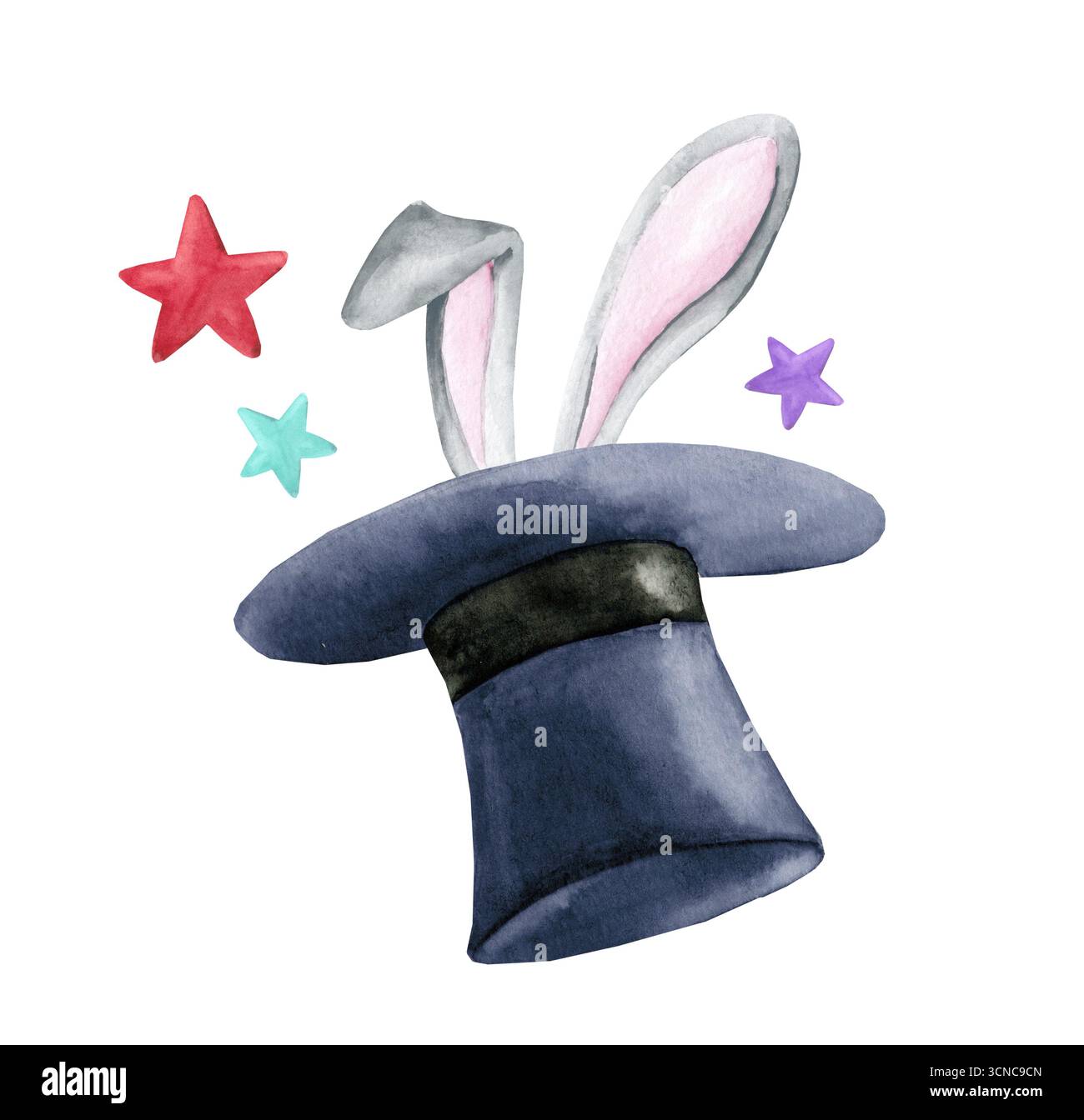 Watercolor illusionist hat with bunny ears. Circus magic trick ...