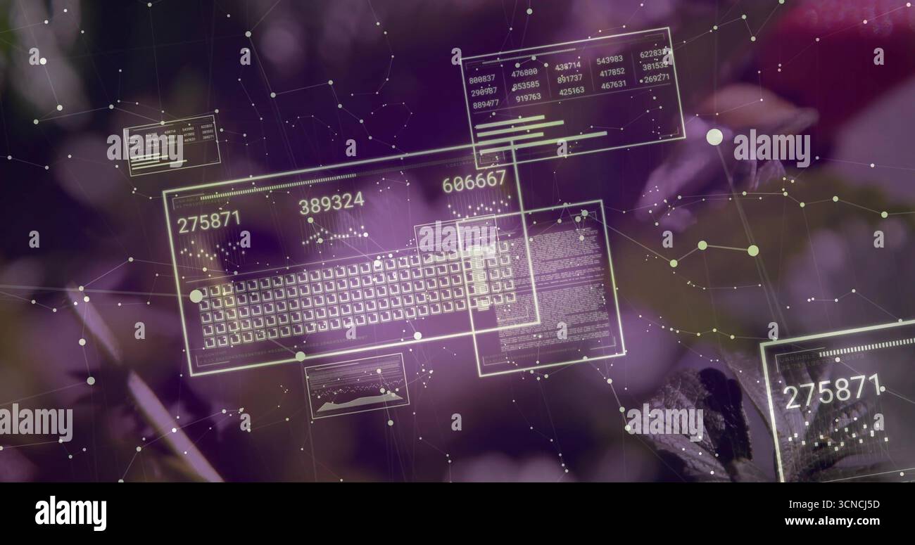 Displaying AR interface over purple floral backdrop with keyboard, numeric panels and network nodes Stock Photo