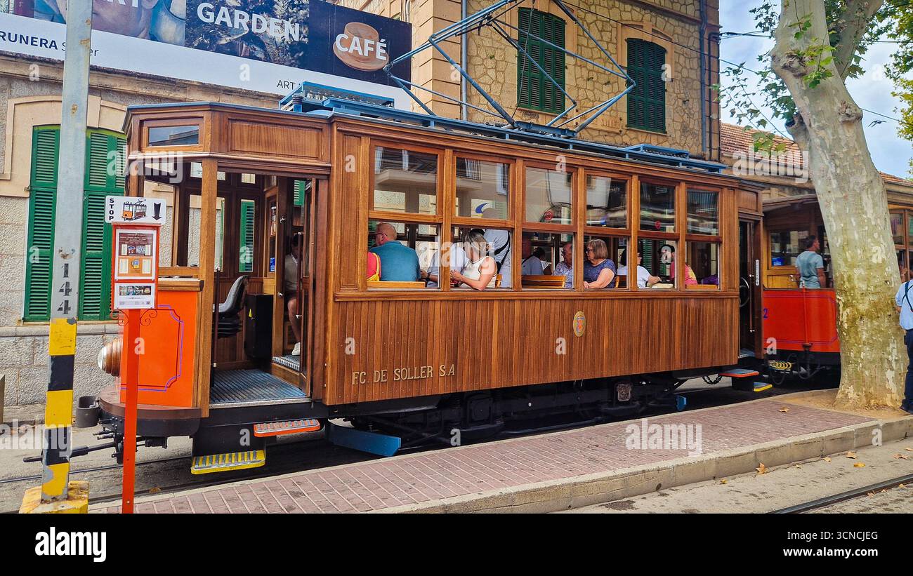 Soller, Spain - September 8, 2025: Historic wooden tram in Port de Sóller, Mallorca, Spain. - Smartphone Captured Stock Image