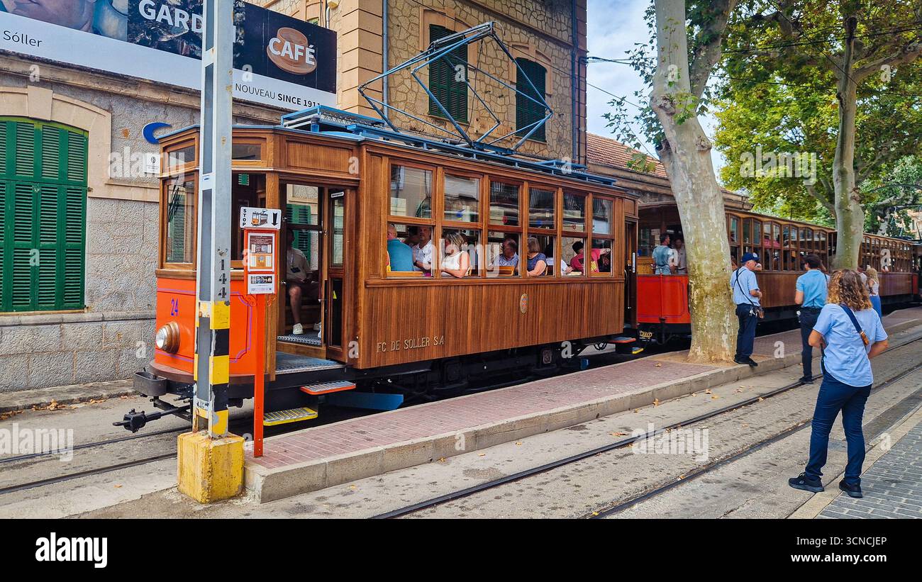 Soller, Spain - September 8, 2025: Historic wooden tram in Port de Sóller, Mallorca, Spain. - Smartphone Captured Stock Image
