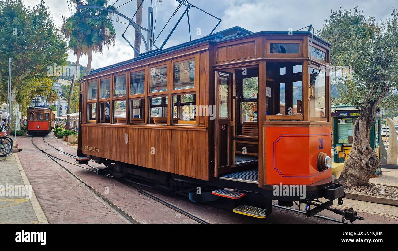 Soller, Spain - September 8, 2025: Historic wooden tram in Port de Sóller, Mallorca, Spain. - Smartphone Captured Stock Image