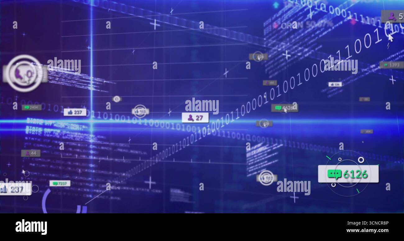 Streaming binary code forming data stream in cyberspace, with thumbs-up icons and chat bubbles Stock Photo