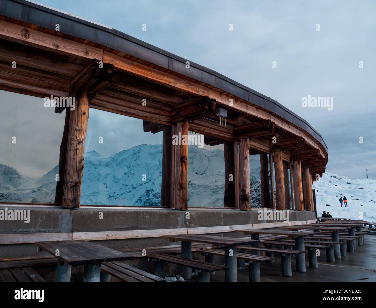 Diavolezza, Switzerland - October 22, 2022: Building exterior of Berghaus Diavolezza, hotel and restaurant with a panoramic terrace. Stock Photo