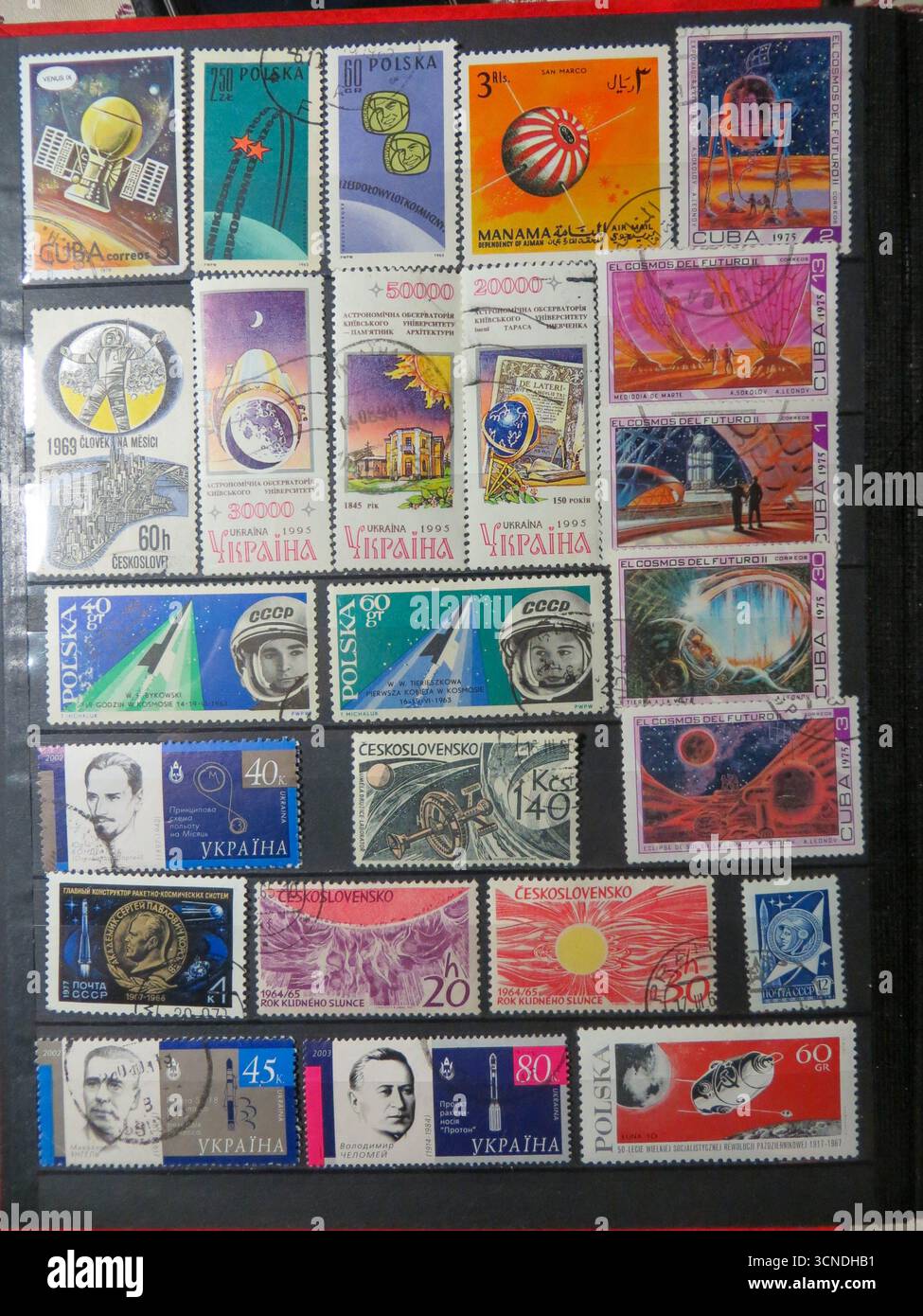 Lviv, Ukraine, January 31, 2015 Vintage space-themed postage stamps from various countries create a captivating collection for philately enthusiasts, Stock Photo