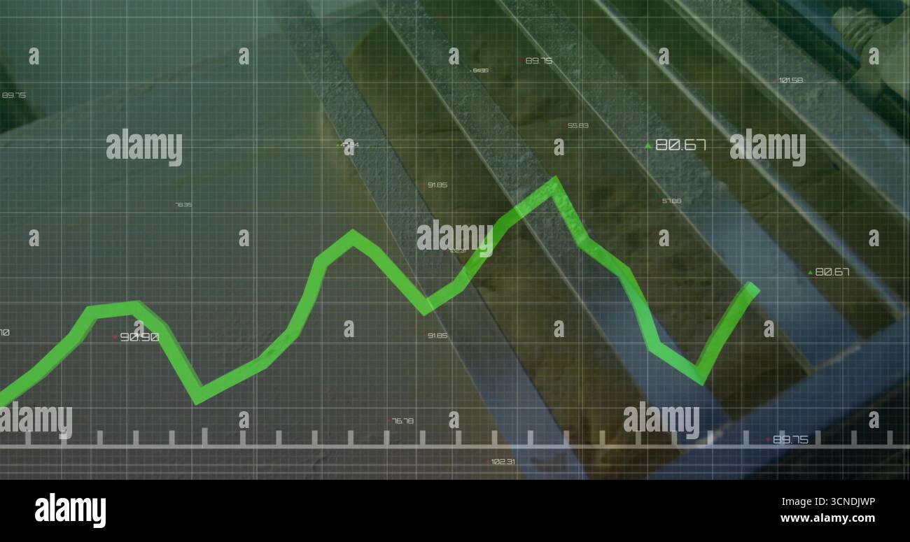 Displaying green line graph spanning grid overlay, with numeric labels over diagonal metal beams Stock Photo