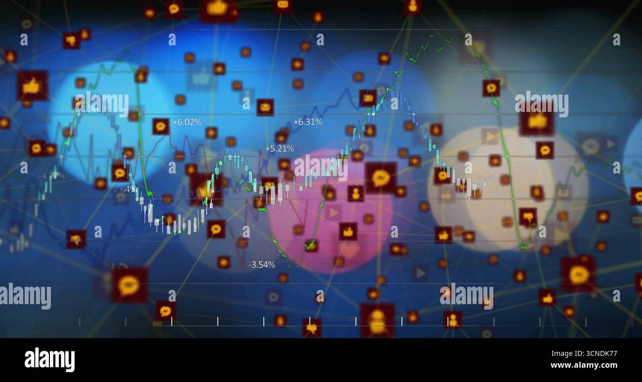 Displaying candlestick chart with line graph on dashboard featuring social icons and network lines Stock Photo