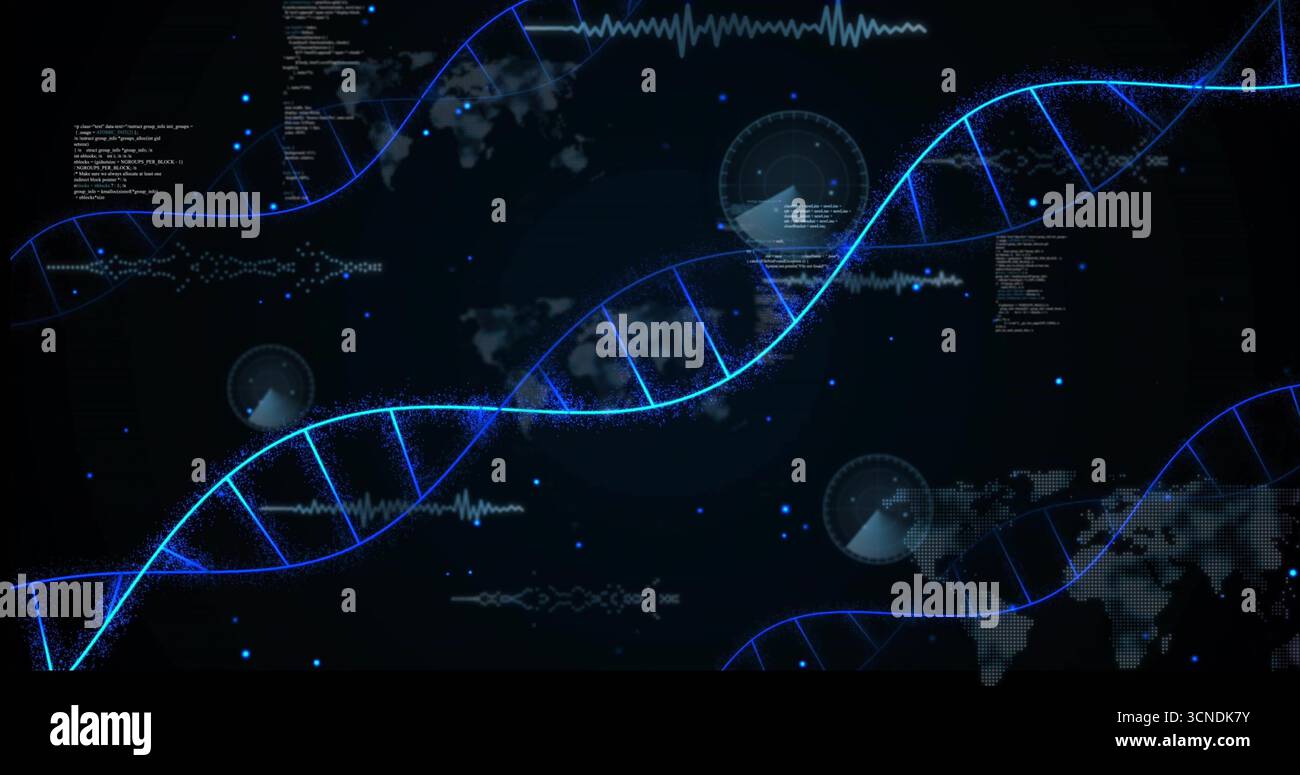Displaying glowing blue DNA helix twisting in virtual data space, with code blocks and radar charts Stock Photo