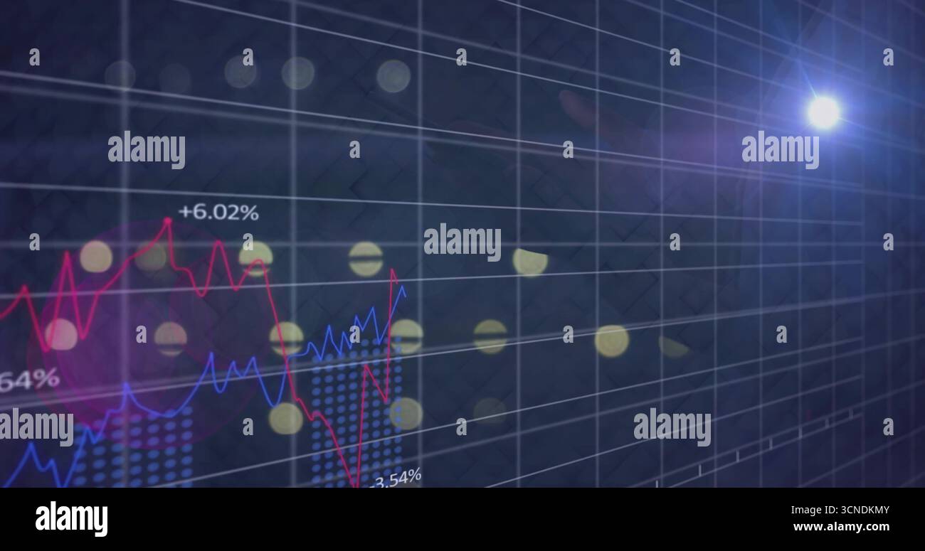 Displaying data graphs tracing red and blue lines on digital dashboard, featuring bars, flare Stock Photo