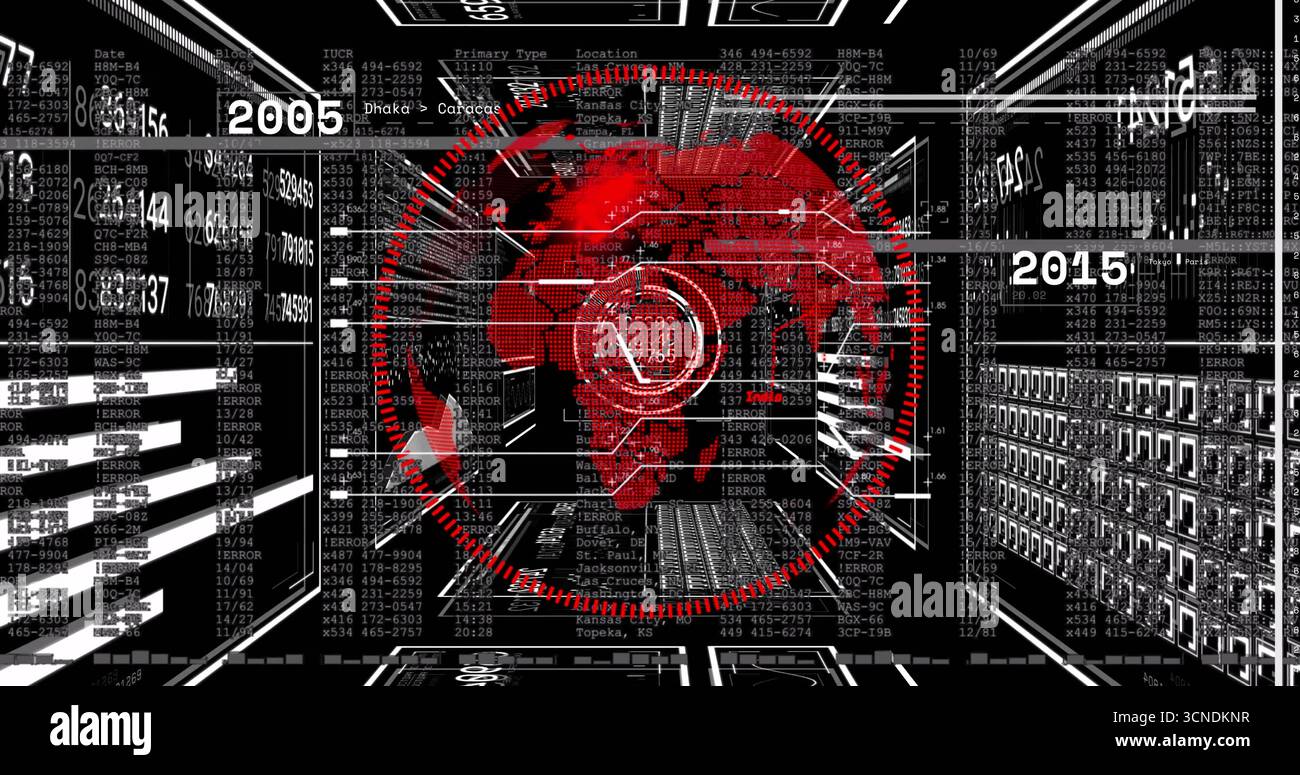 Projecting red world map overlaying circular interface in data corridor, with streaming code Stock Photo