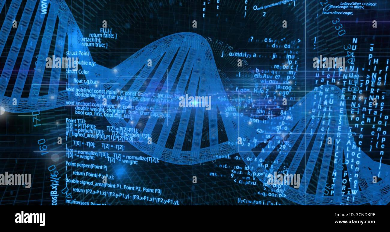Displaying stylized 3D wireframe DNA helix floating over grid lines, with code and data overlays Stock Photo