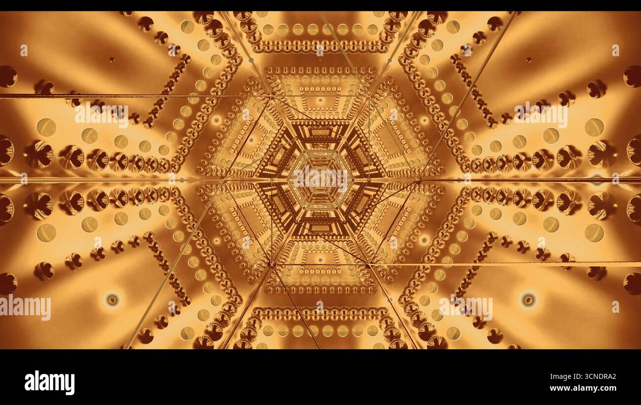 Intricate geometric patterns in shades of gold form a hypnotic visual ...