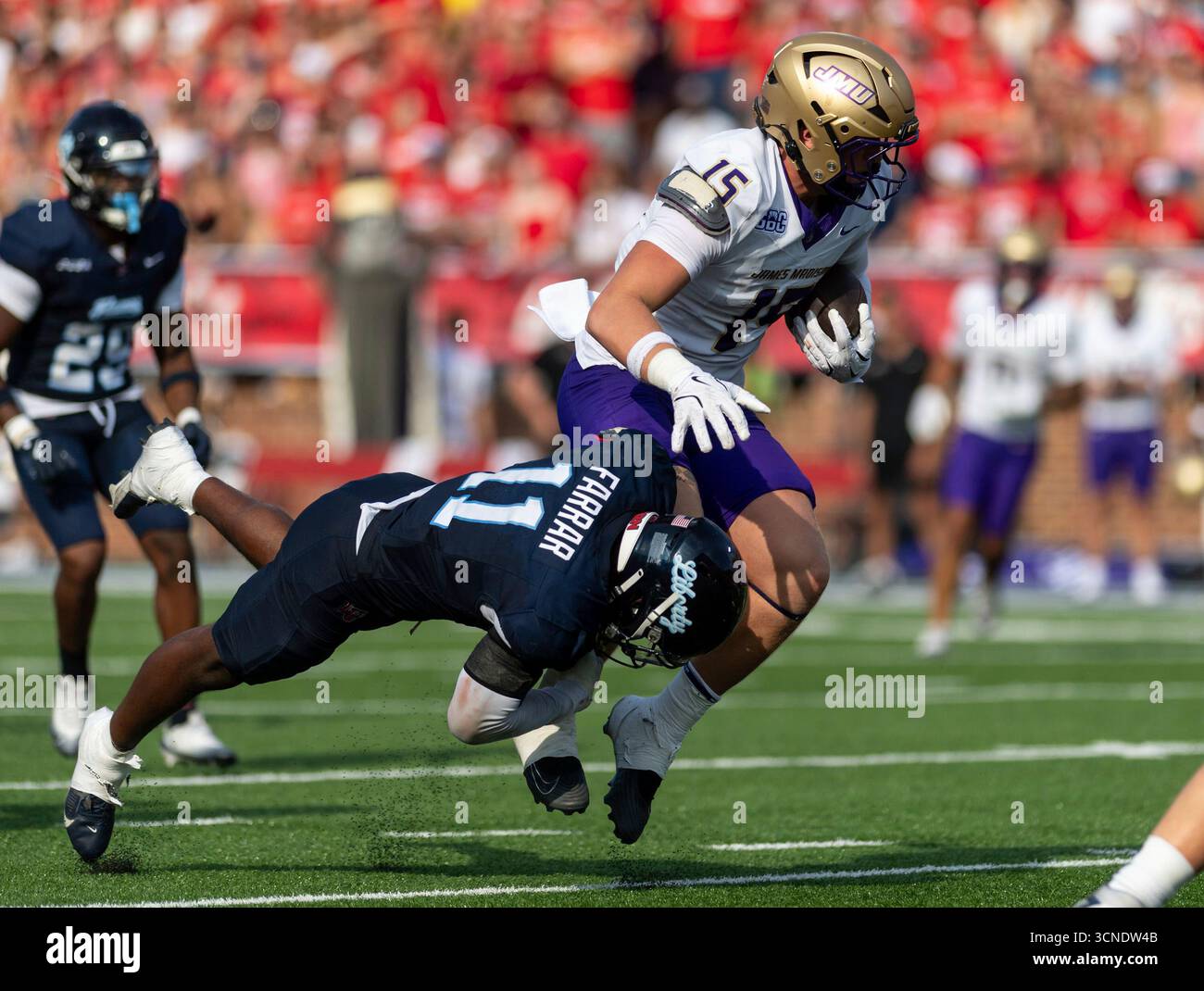 James Madison tight end Lacota Dippre (15) gets wrapped up by Liberty ...