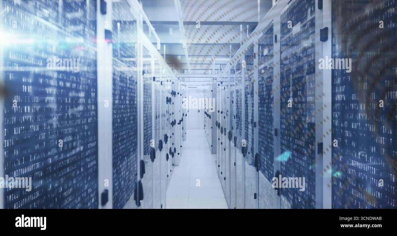 Stretching server room aisle showing racks blinking LEDs, network ...