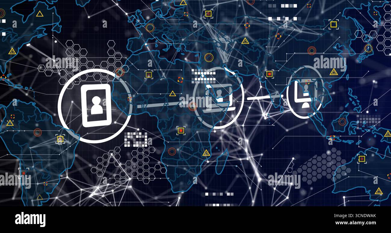 Displaying profile icon inside circle connecting continents on world map with network nodes overlay Stock Photo