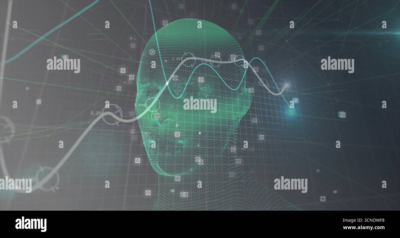 Displaying green wireframe head in grid space, with network nodes, square data icons and line graph Stock Photo