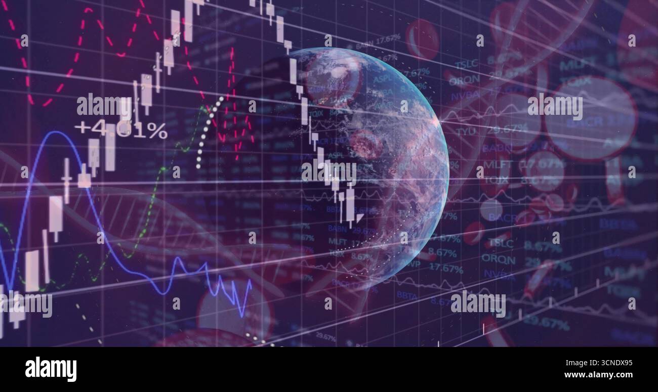 Displaying semi-transparent Earth globe over data grid, with candlestick charts and DNA helix Stock Photo