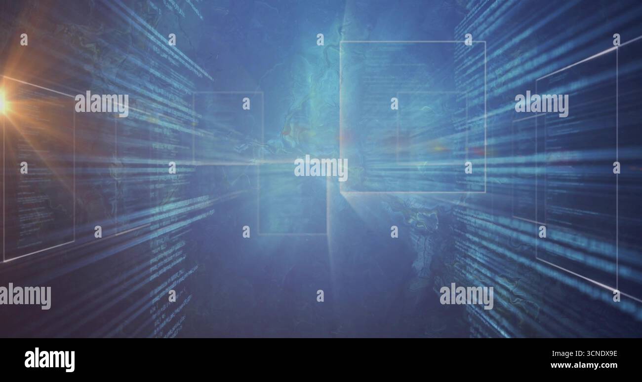 Glowing central translucent panel floating in digital space, with code streams and light flare Stock Photo