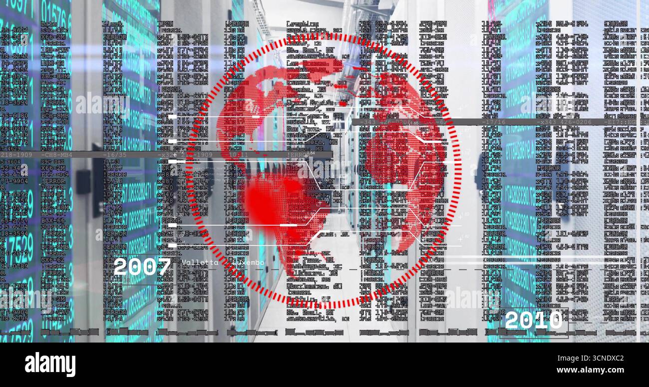 Red digital globe floating in data center corridor, showing server racks, code, dates 2007 and 2010 Stock Photo