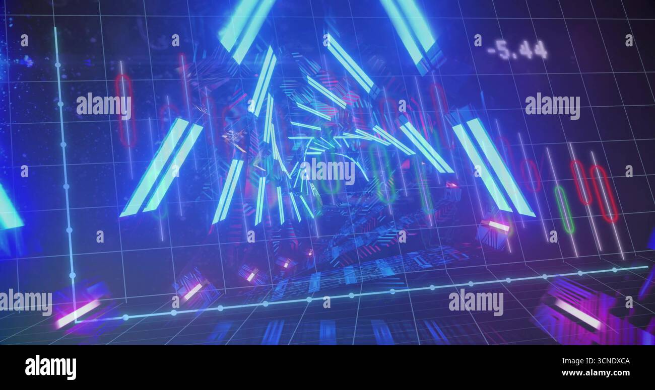 Shining neon tunnel receding into 3D grid, displaying bars, triangles, candlestick charts and -5 Stock Photo
