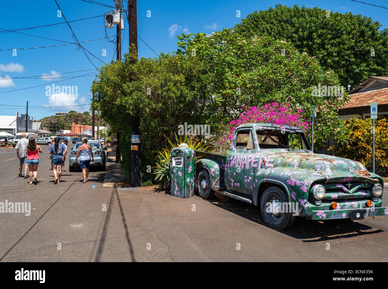 An old truck draped in bougainvillea flowers sits along Hanapepe’s Main Street, where visitors explore the town’s small shops and galleries. Stock Photo