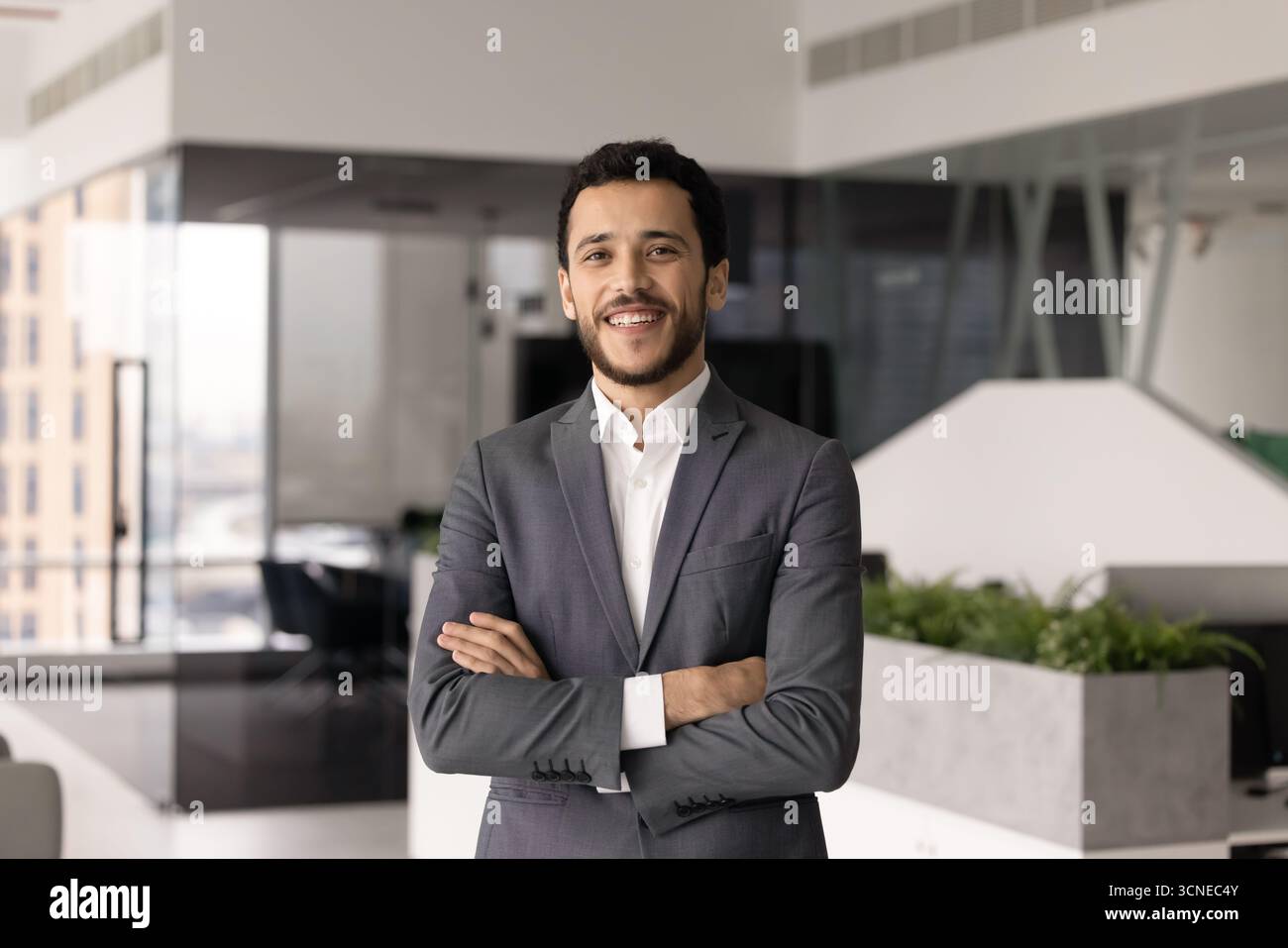 Cheerful Middle Eastern professional man posing in office space alone Stock Photo