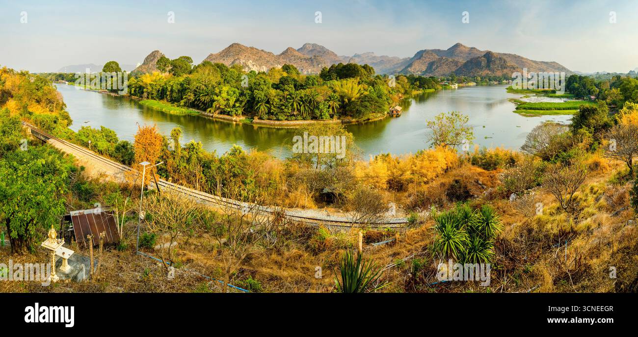 Panoramic view of the historic wartime railway,built by the slave labour of British POW's during the second world war,under Japanese occupation and ru Stock Photo