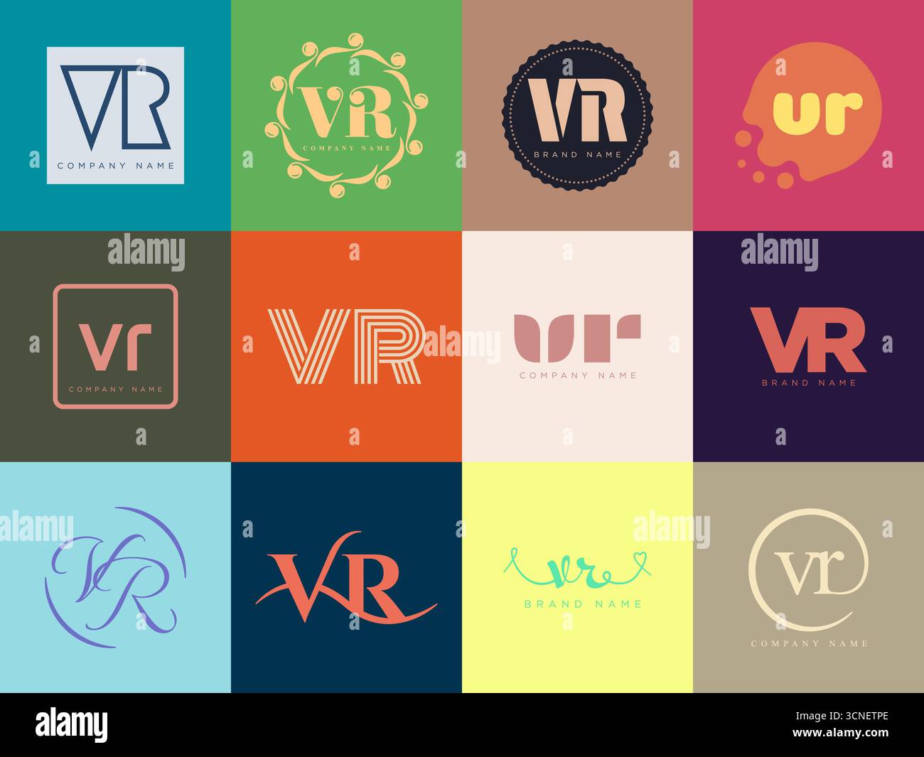 VR logo company template. Letter v and r logotype. Set different classic serif lettering and modern bold text with design elements. Initial font typog Stock Vector