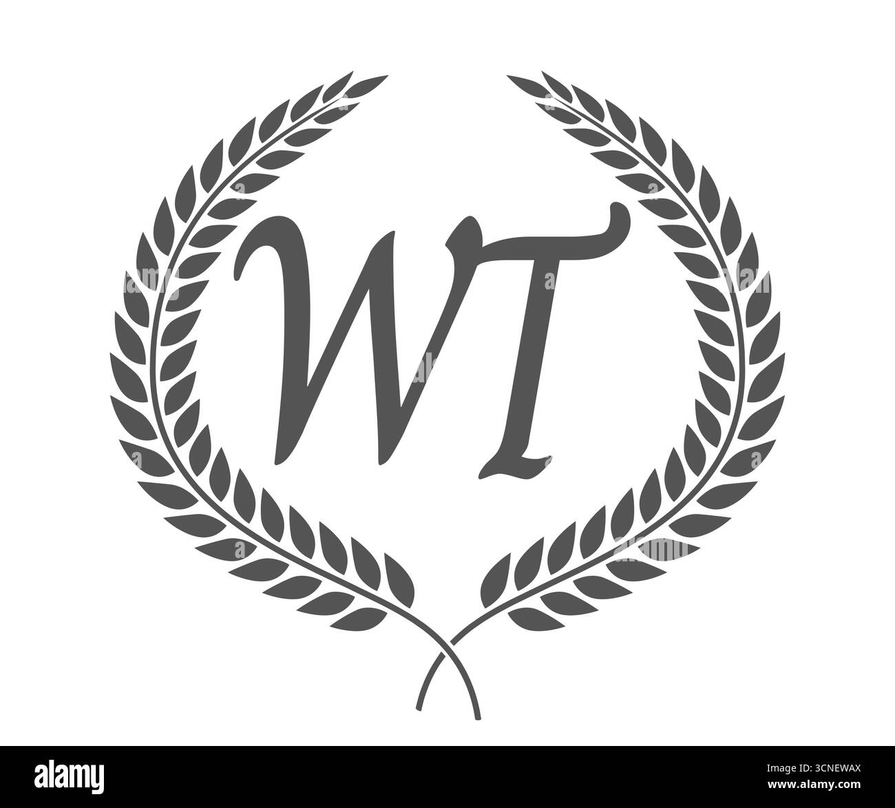 Initial letter W and T, WT monogram logo design with laurel wreath. Luxury emblem with calligraphy font. Stock Vector