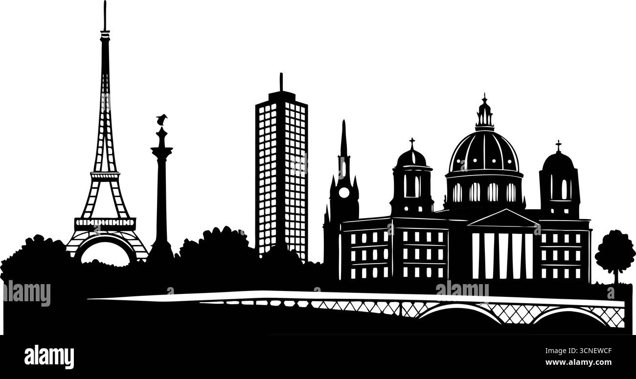 High resolution black and white city skyline silhouette with ...