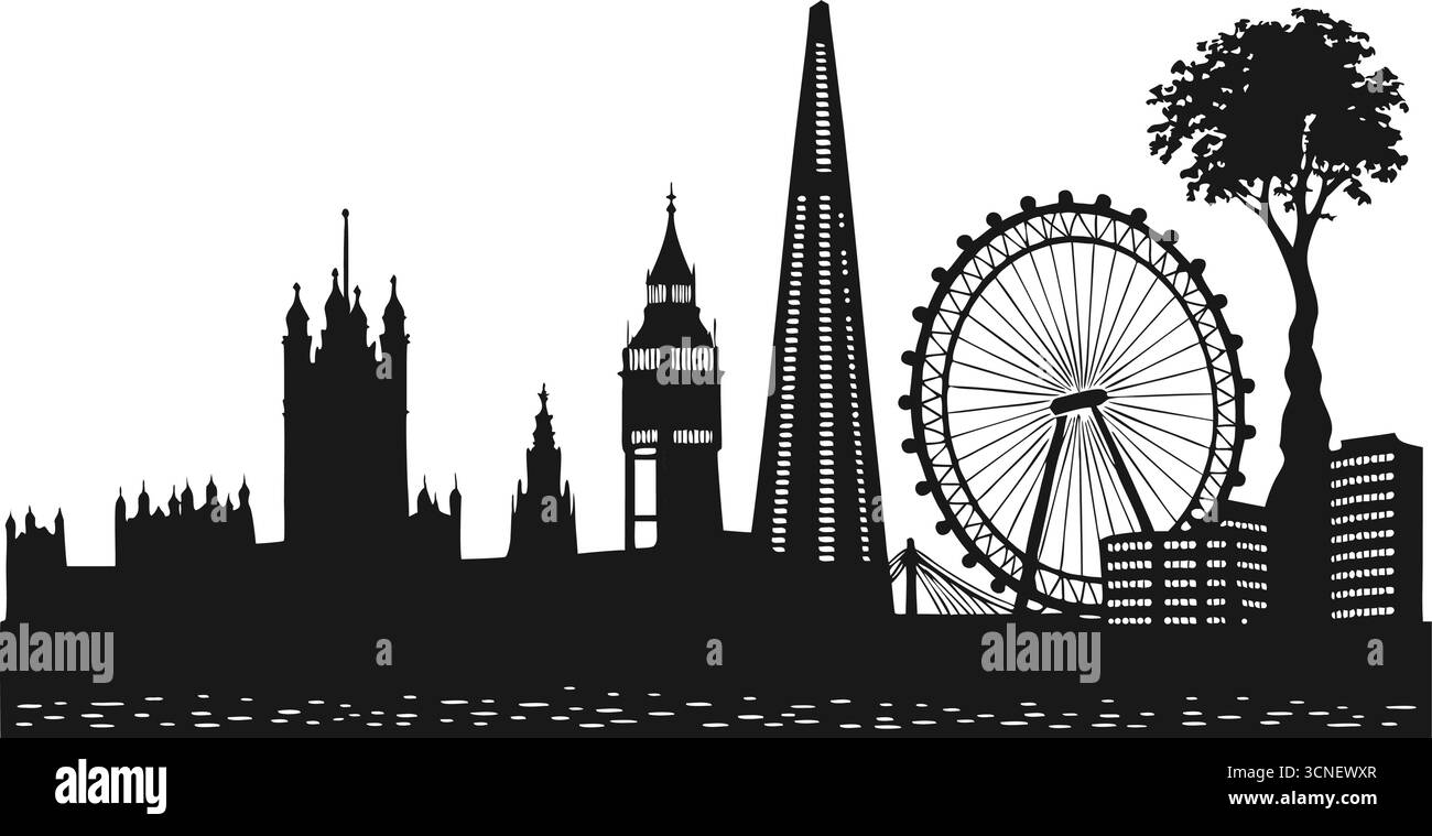 High resolution black and white Citysearch silhouette with modern architecture and urban elements Stock Vector