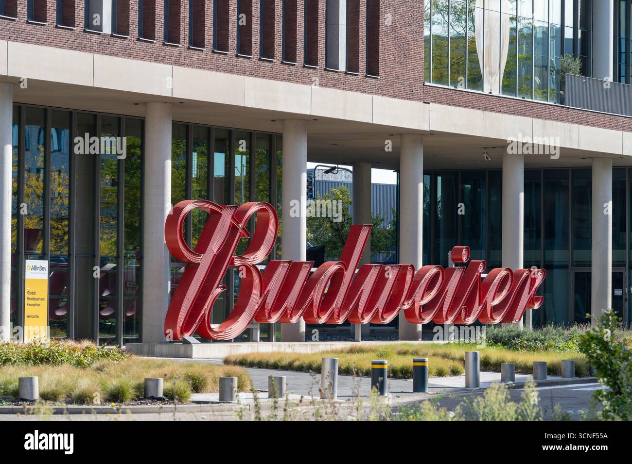 Exterior of the AB InBev headquarters in Leuven, Belgium, with a large ...