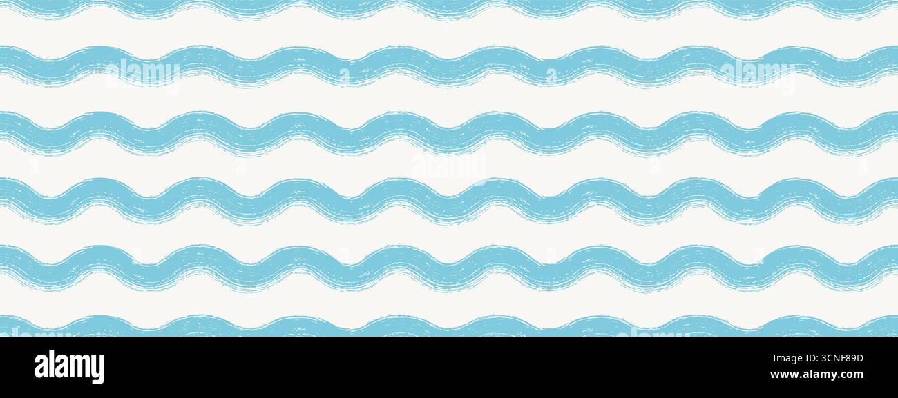Hand drawn baby wavy pattern with crayon scribble blue waves and chalk texture. Seamless pastel stripe bg for decor, textiles, wallpaper, fabric, and Stock Vector