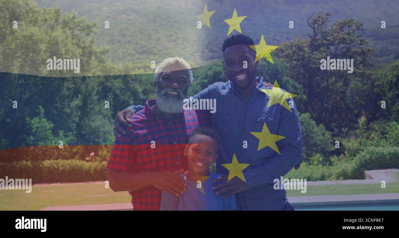 Smiling three-generation males standing in backyard poolside, with yellow star overlay Stock Photo