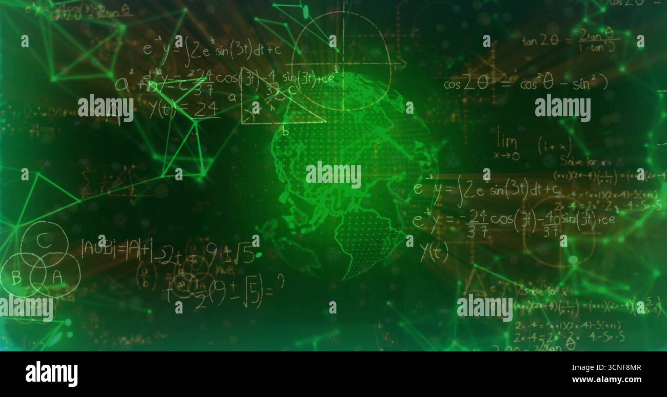 Showcasing stylized wireframe globe hovering over interface, with equations geometry venn and nodes Stock Photo