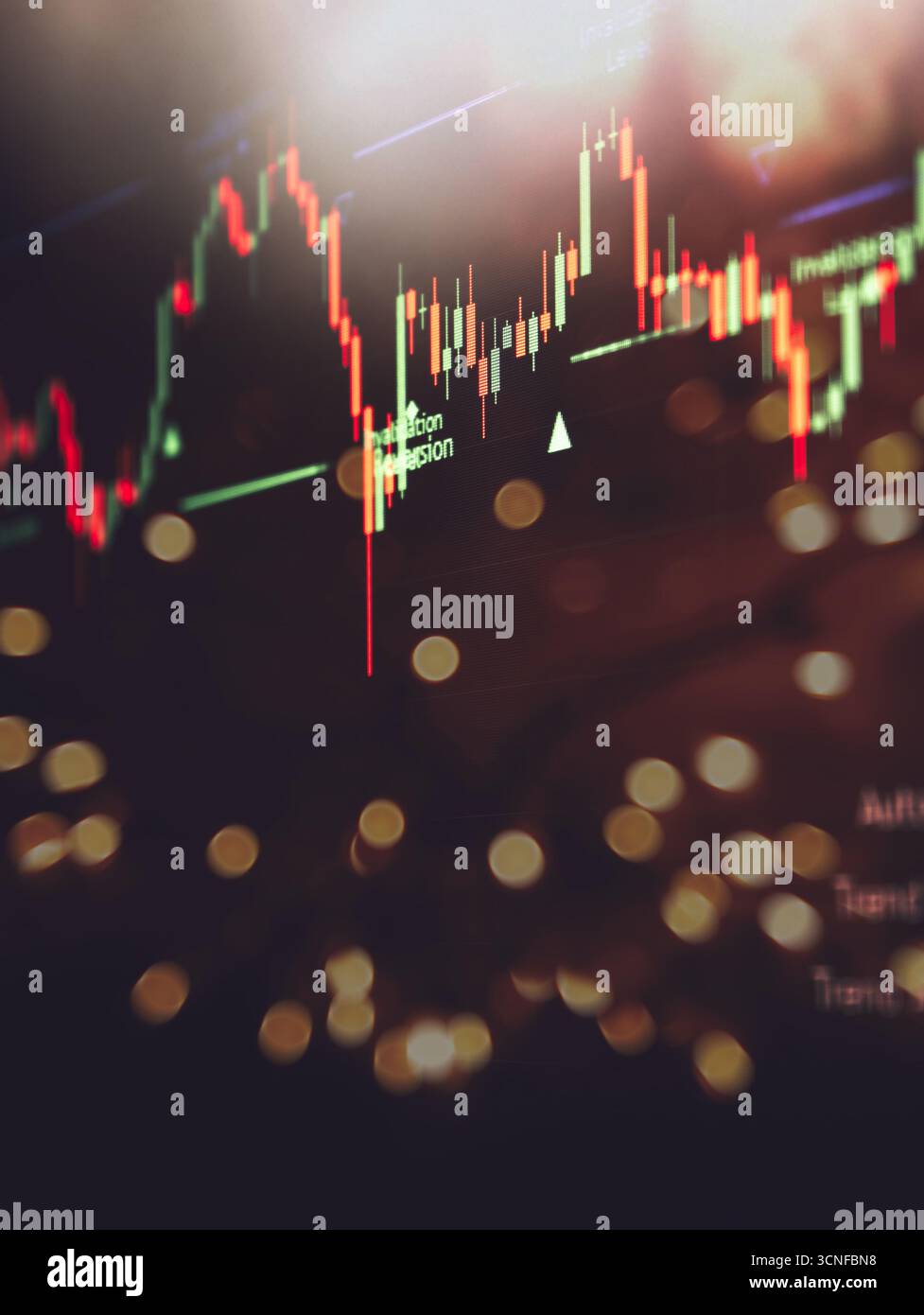 Stock market candlestick chart overlaid with soft golden bokeh lights ...