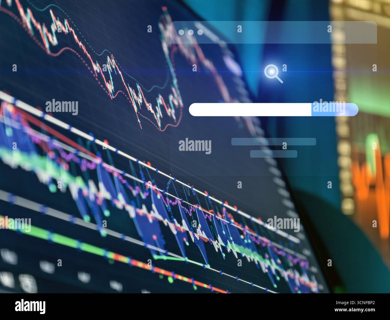 Digital trading monitor displays candlestick chart and indicators with ...