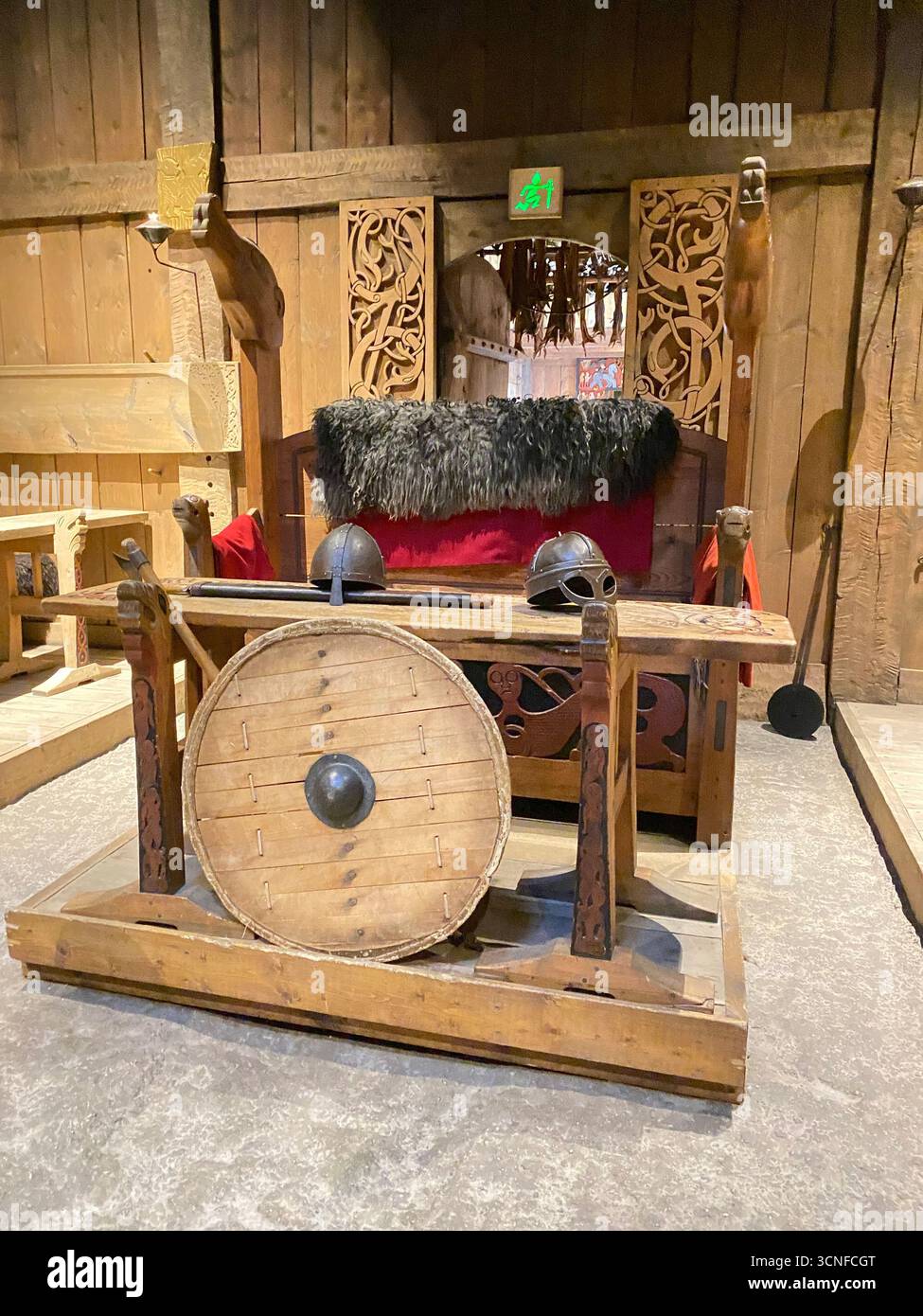 The top table is where the Viking chief and his wife sat inside the Viking ChieftainÕs longhouse, the largest Viking house ever discovered!  It is 83 - Smartphone Captured Stock Image