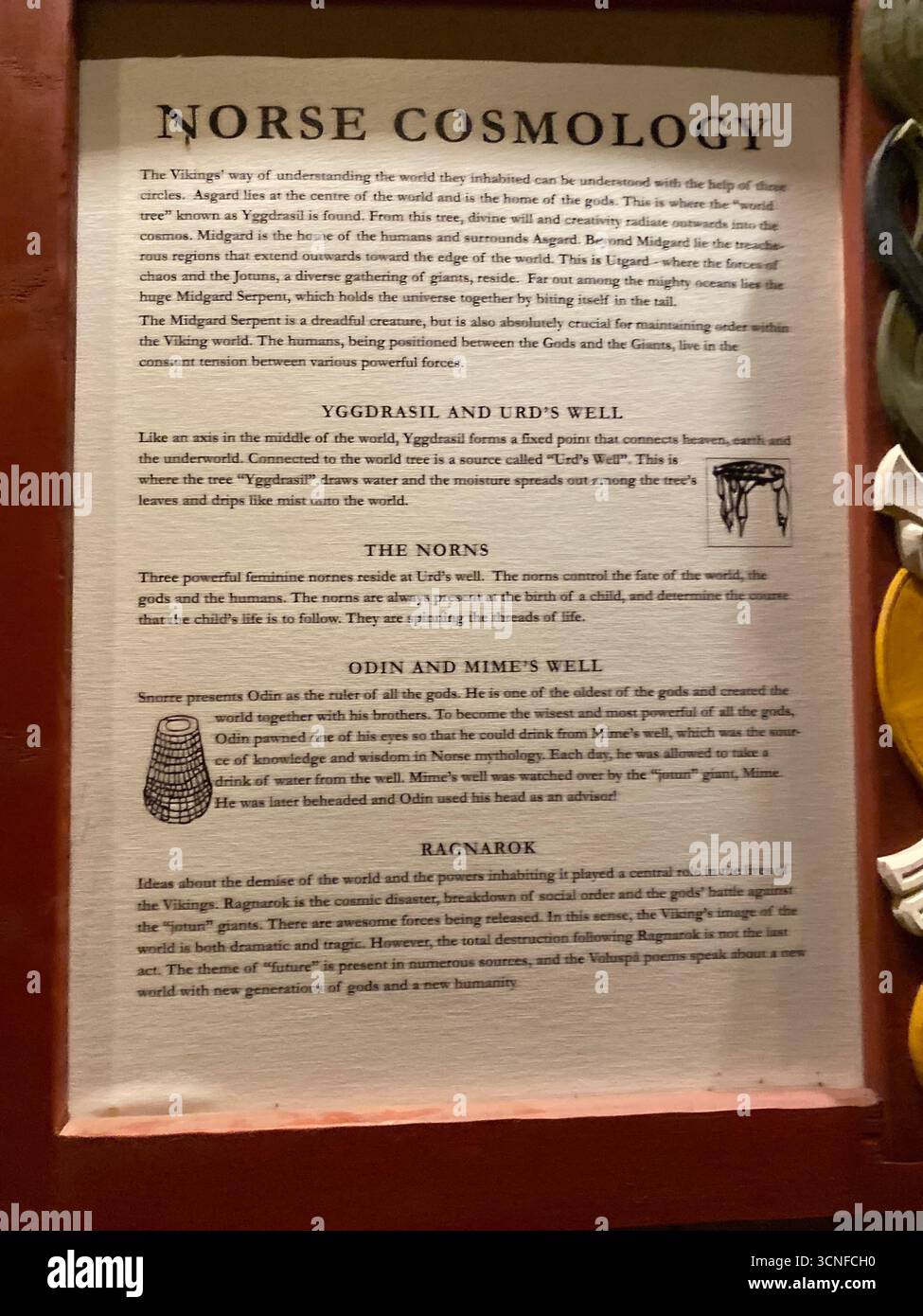 A large framed Norse Cosmology for visitors to learn about the Vikings, inside the Viking ChieftainÕs longhouse, the largest Viking house ever discove - Smartphone Captured Stock Image