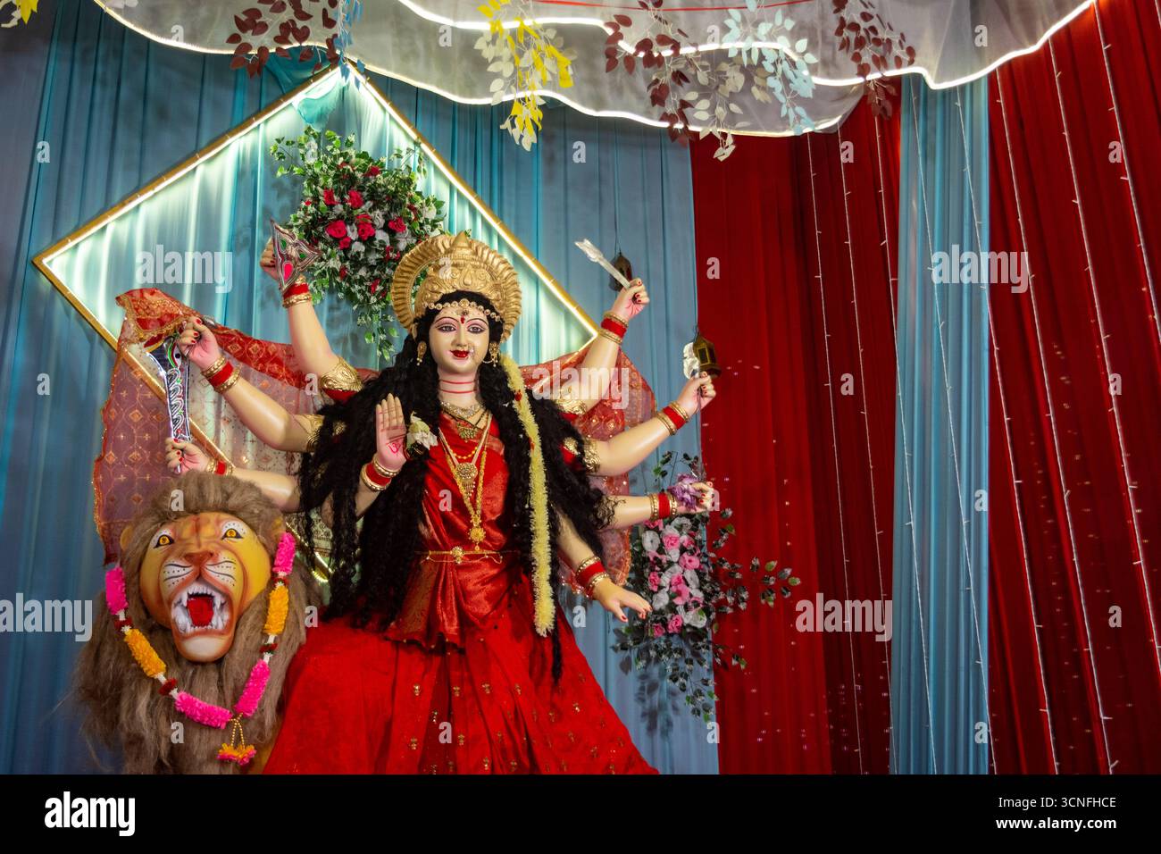 Beautifully Decorated Idol of Goddess Durga During Durga Puja Festival Stock Photo
